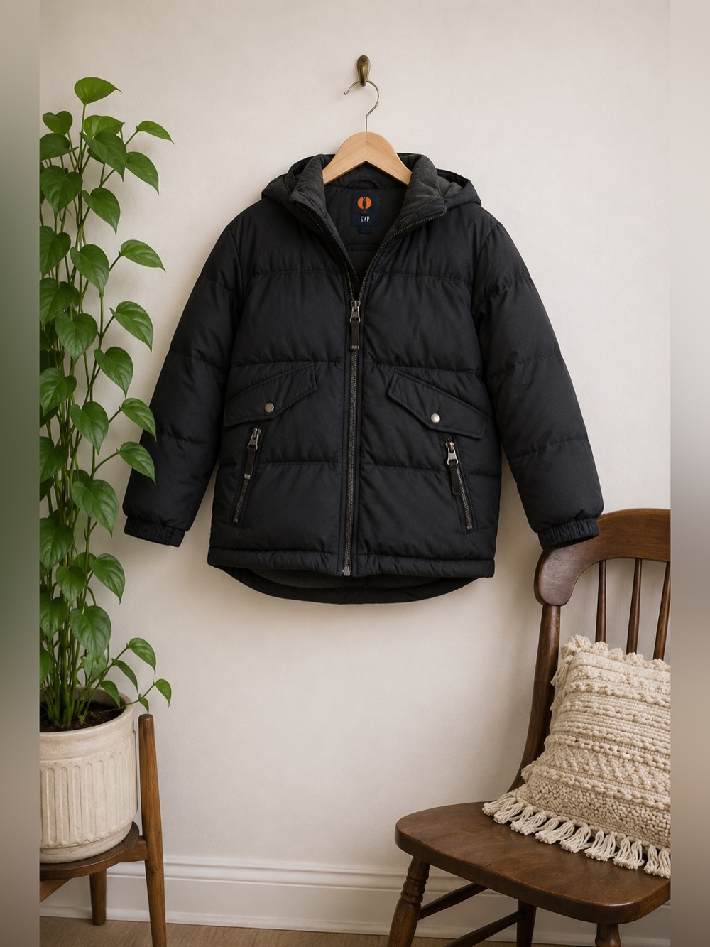 GAP Kids Black Down Insulated Puffer Jacket Hooded 3/4 Length Sz L (10) Lined